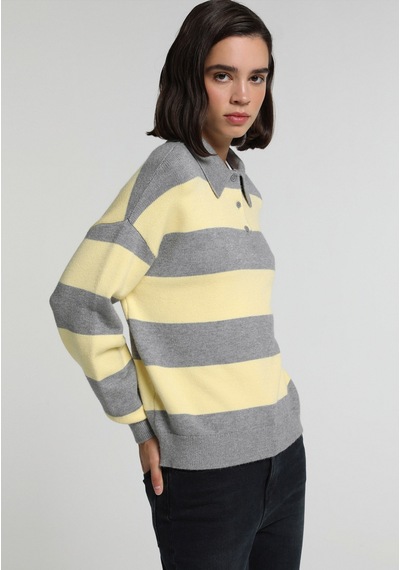 Colin's Colins Regular Fit Polo Yaka Çizgili Kadın Gri Kazak Cl1082506 Q1.v1 Mga Gri Melanj