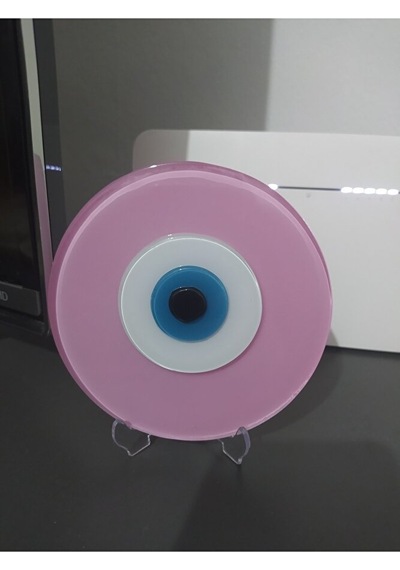 Toz Pembe El Yapımı Deliksiz Büyük Cam Nazar Boncuğu 12 Cm Masa Ü