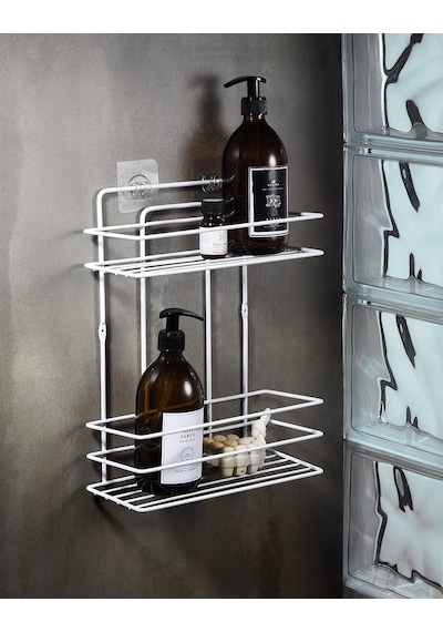 Sas Haus 2 Katlı Beyaz Yapışkanlı Banyo Rafı, Duş, Şampuanlık Düzenleyici, Paslanmaz Metal (Vidala/Yapıştır) - TŞ-02