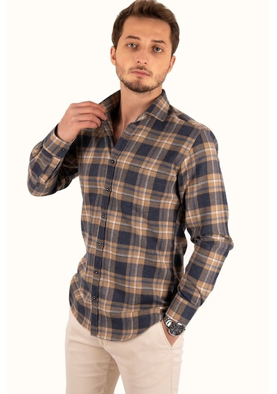 Hardal Lacivert Çizgili Slimfit Oduncu Gömlek Hardal
