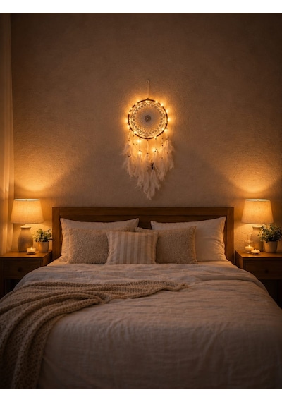 Led Işıklı Düş Kapanı Dreamcatcher Beyaz Kuş Tüyü Rüya Kapanı Duvar Süsü Elişi Beyaz