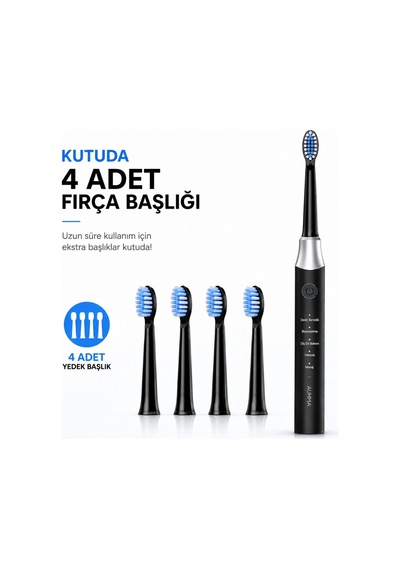 Robeve Auhma Amf13 Elektrikli Diş Fırçası 15.000 Vpm Sonic Titreşim 5 Temizlik Modu 4 Yedek Fırça Başlığı Type-c Şarj Ipx7 Suya Dayanıklı Şarjlı Diş Fırçası Siyah