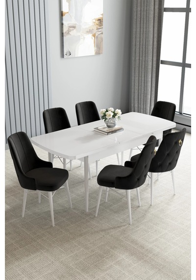 Zümra Serisi, Beyaz 80x132 Açılabilir Mdf Mutfak Masası Takımı 6 Adet Sandalye, Siyah Zümra Serisi, Beyaz 80x132 Açılabilir Mdf Mutfak Masası Takımı 6 Adet Sandalye, Siyah
