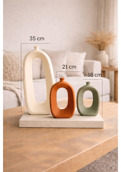 Modern Beton Dekoratif Vazo Seti 3 Lü Bohem & Minimal Tasarım 35 Cm 21 Cm 18 Cm Beyaz-adaçayı-tarçın