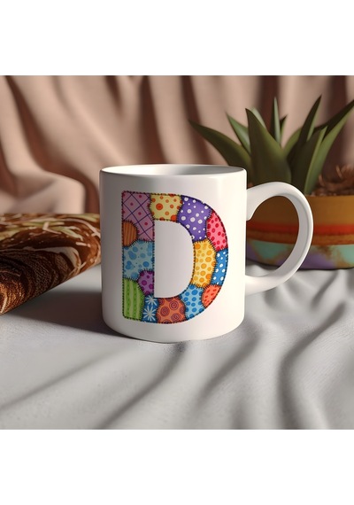 D Harfi Renkli Yamalı Tasarım Kupa Bardak - Bohem Patchwork Desenli Kupa - Etnik Hediyelik Beyaz
