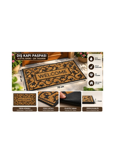 Dekoratif Dış Kapı Paspası Dijital Baskılı, Kaymaz Pvc Plastik Tabanlı, Şık Desenli Kapı Önü Paspası 40x70 Cm Çok Renkli - 937312887 Çok Renkli