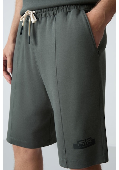 Haki Pamuklu Kalın Yumuşak Dokulu Oversize Fit Basic Erkek Şort Takım - 85259