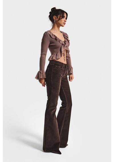 Itsbasic Kadın Koyu Kahverengi 26w5-136 Low Waist Flare Fit İnce Fitilli Velvet Kadife Kumaş Pantolon Koyu Kahve