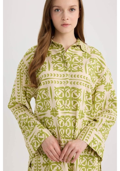 DeFacto Relax Fit Desenliı Keten Karışımlı Uzun Kollu Tesettür Gömlek Tunik D8184AX25SPGN698