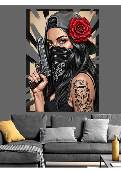 Ahşap Tablo Güllü Kadın Maskeli Retro