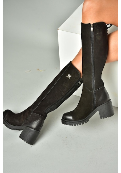 Fox Shoes R654034003 Siyah Hakiki Deri Kalın Topuklu Kadın Çizme Siyah