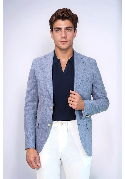 Koyu Mavi Keten Dokulu Gold Renk Metal Düğmeli Slim Fit Erkek Blazer Ceket - Wessi Navy Blue