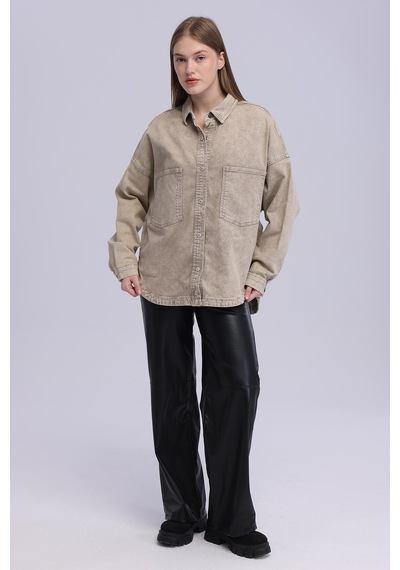 Selectmoda Kadın Çift Cepli Çıtçıt Kapamalı Oversize Kot Gömlek bej