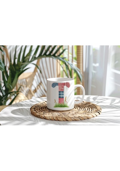 T Harfli Retro Çiçekli Kupa Bardak - Patchwork Tarz Yamalı Desenli İsme Özel Kupa - Hediye 07 Beyaz