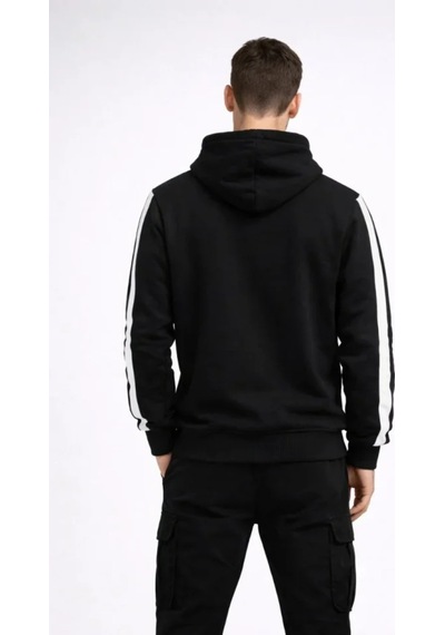 Butik İstanbul Erkek Şeritli Kapüşonlu Sweatshirt Oversize 3 Iplik Pamuklu - Siyah