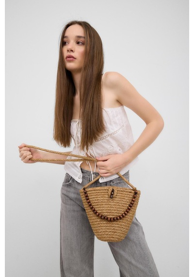 Shule Bags Piccolo Handmade Boncuk Detaylı Hasır Çanta Vizon Vizon