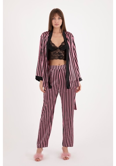 Burcumay Kadın Üçlü Çizgili Sabahlıklı Pembe Saten Pijama Takımı Pembe