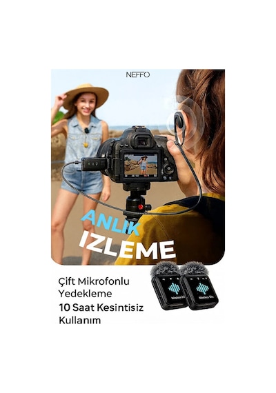 2 Mikrofonlu Kablosuz Yaka Mikrofonu Tüylü Rüzgar Önleyici 20 M Menzil İos Android Uyumlu