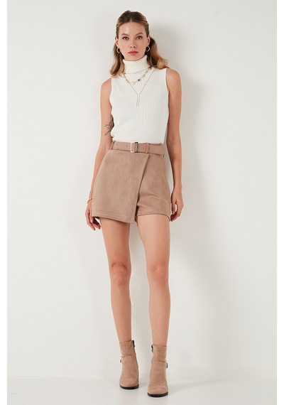 Lela Kışlık Regular Fit Asimetrik Kesim Fermuarlı Bayan Şort Etek 5865973 Vizon