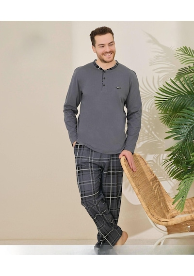 Pijamoni Erkek Pamuklu Düğme Yaka Uzun Kol İnce Pijama Takımı 100/3 - 1 Adet Füme