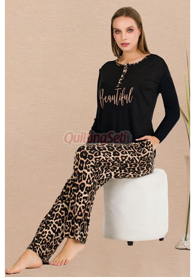 Siyah Renk, Leopar Desenli Lady 11647 Pamuk Viskon Kadın Uzun Kol Pijama Takımı Siyah - Sarı