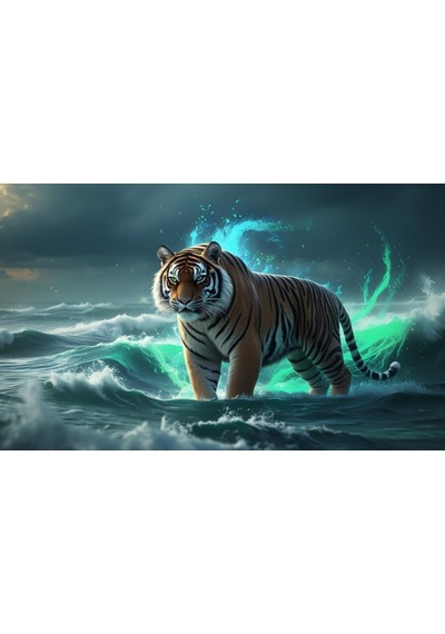 Kaplan Fırtınalı Bir Okyanusta 02 Çerçevesiz 50x30 Cm Pvc Tablo