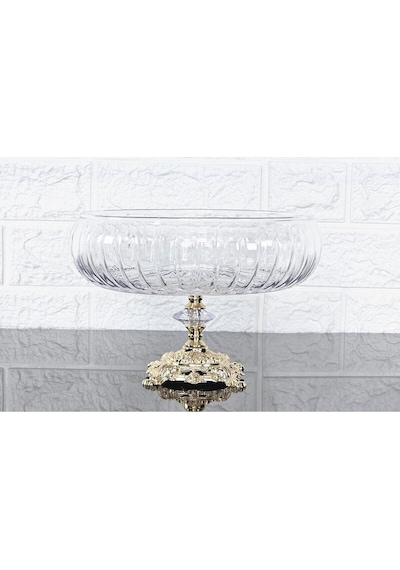 Lotus Kristal 24 Cm Kesme Dekor Gold Döküm Ayak Salata Kasesi Cam Sunumluk & Salata Kase Naturel