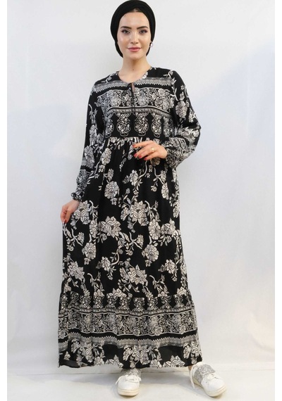 Modi Moda Çizgi Vintage Desen Elbise Siyah