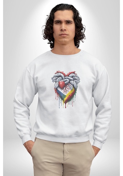 Kalp Damar Renkli Boyalı Unisex Beyaz Baskılı Sweatshirt Beyaz