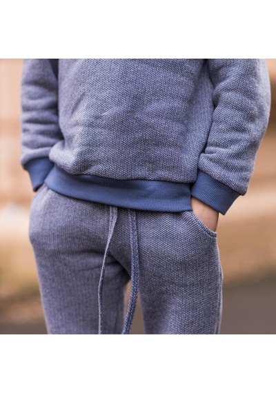 Antebies Organik Mavi Dokulu Futter Bel Lastikli Bağcıklı Kapüşonlu Uzun Kol Çocuk Sweatshirt Eşofman Takımı