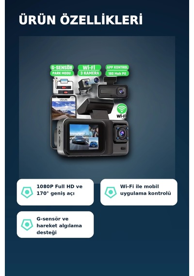 1080p Full Hd 3 Kameralı Araç İçi Kayıt Kamerası Seti Wi-fi Ve Park Modu Özellikli