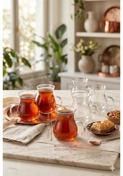 6'lı Isıya Dayanıklı Kulplu Cam Çay Bardağı Takımı 160 Ml Bohem Minimalist Modern Tasarım Şık Sunum Şeffaf