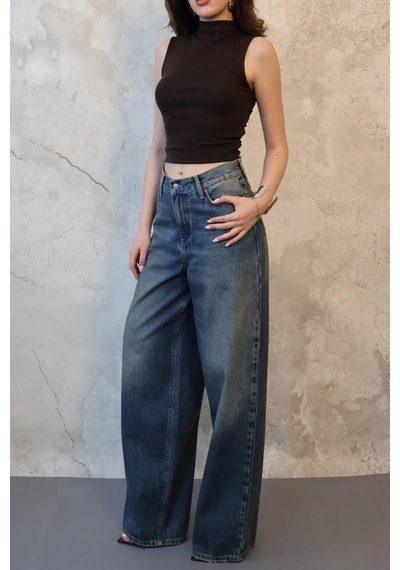 Alemdarshop Lacivert Geniş Paça Jeans Pantolon