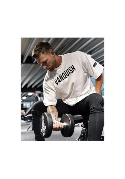 Tarzsokak Yuvarlak Yaka Vanquısh Baskılı %100 Pamuk Oversize Yeni Stil Gym Erkek T-shırt Beyaz