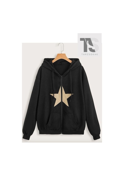Tarzsokak Star Desen Sweatshirt Fermuarlı Hırka Siyah