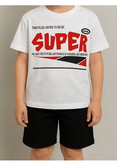 Ekkokids Çocuk Super Yazılı Pamuklu Oversize T-shirt-16016 Beyaz