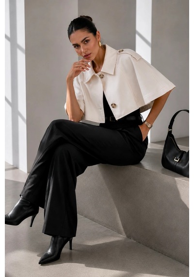 Bb Butik Basic Kadın Premiun Omuz Apoletli Crop Panço Trençkot Fs3434 beyaz