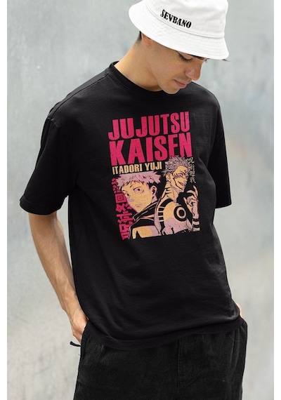 Anime Karakter Jujutsu Kaisen Itadori Yuji Baskılı Unisex Oversiz Siyah