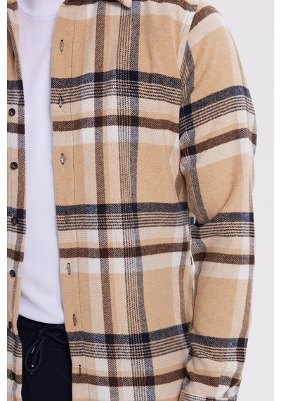Tudors Erkek Slim Fit Dar Kesim Kareli Kışlık Oduncu Gömlek-42120 Bej