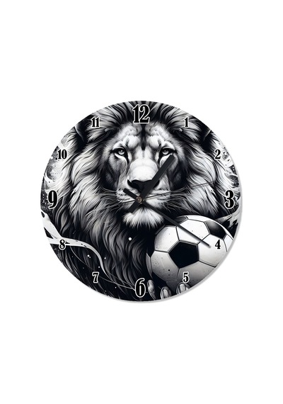 Siyah Beyaz Aslan Ve Futbol Topu Baskılı Duvar Saati Beyaz - Siyah