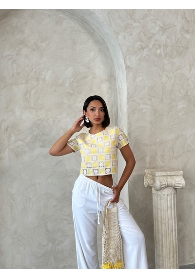 Verymoda Kısa Kollu Dama Desen Tiğişi Bluz D2619 Sari