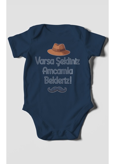 Morivokids Varsa Şekliniz Amcamla Bekleriz Kısa Kollu Bebek Body %100 Pamuk Lacivert