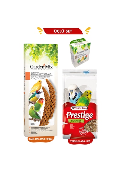 Üçlü Premium Set: Muhabbet Yemi 1 Kg + Kızıl Dal Darı Gardenmix + Gaga Taşı