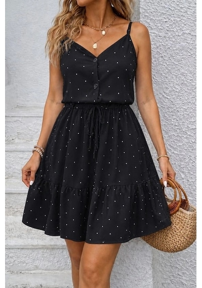 Defymoda Kadın Ip Askılı V Yakalı Düğmeli Desenli Kısa Süprem Elbise Siyah