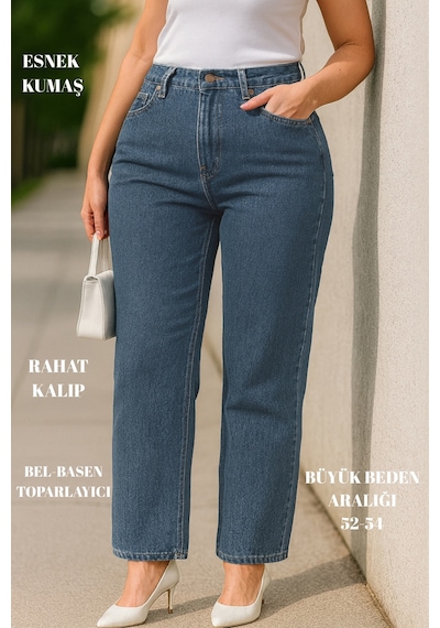 Cedy Denim Cedy Denım - Kadın Büyük Benden Boru Paça Yüksek Bel Regular Fit Likralı Pantolon C626 Mavi