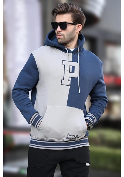 Madmext Lacivert Renk Bloklu Kapüşonlu Baskılı Erkek Sweatshirt 7078 Lacivert