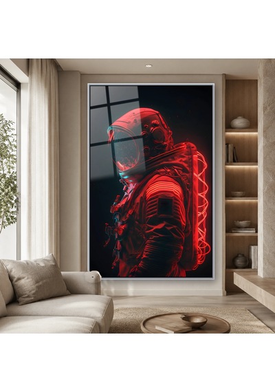 Kırmızı Neon Işıklı Astronot Gümüş Çerçeveli Cam Tablo