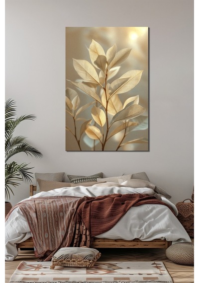 Altın Yaprak Dalı Baskılı Cam Tablo Minimalist Lüks Doğal Duvar Dekoru