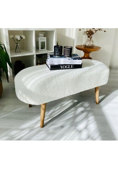Geniş Oturum Alanlı Oval Bench Puf Beyaz Peluş Kumaş Kedi Pufu Kedi Oturağı
