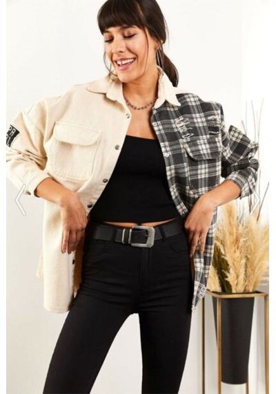 Esb Design Kadın Siyah-bej Ekose Boyfriend Oversize Eskitmeli Jeans Kot Ceket